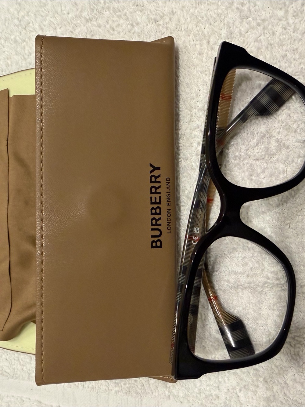 Burberry Black Frame Glasses with Tan Leather Case and Signature Plaid Temples